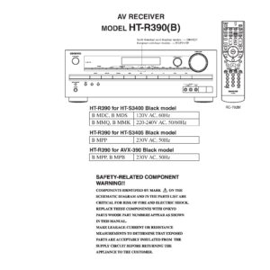 Onkyo ht r390 service manual cover with an image of the device and its remote control, model type and code, manual issue date and service safety precaution notice