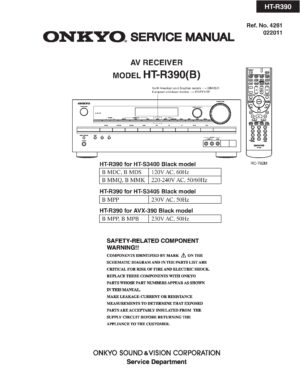 Onkyo ht r390 service manual cover with an image of the device and its remote control, model type and code, manual issue date and service safety precaution notice