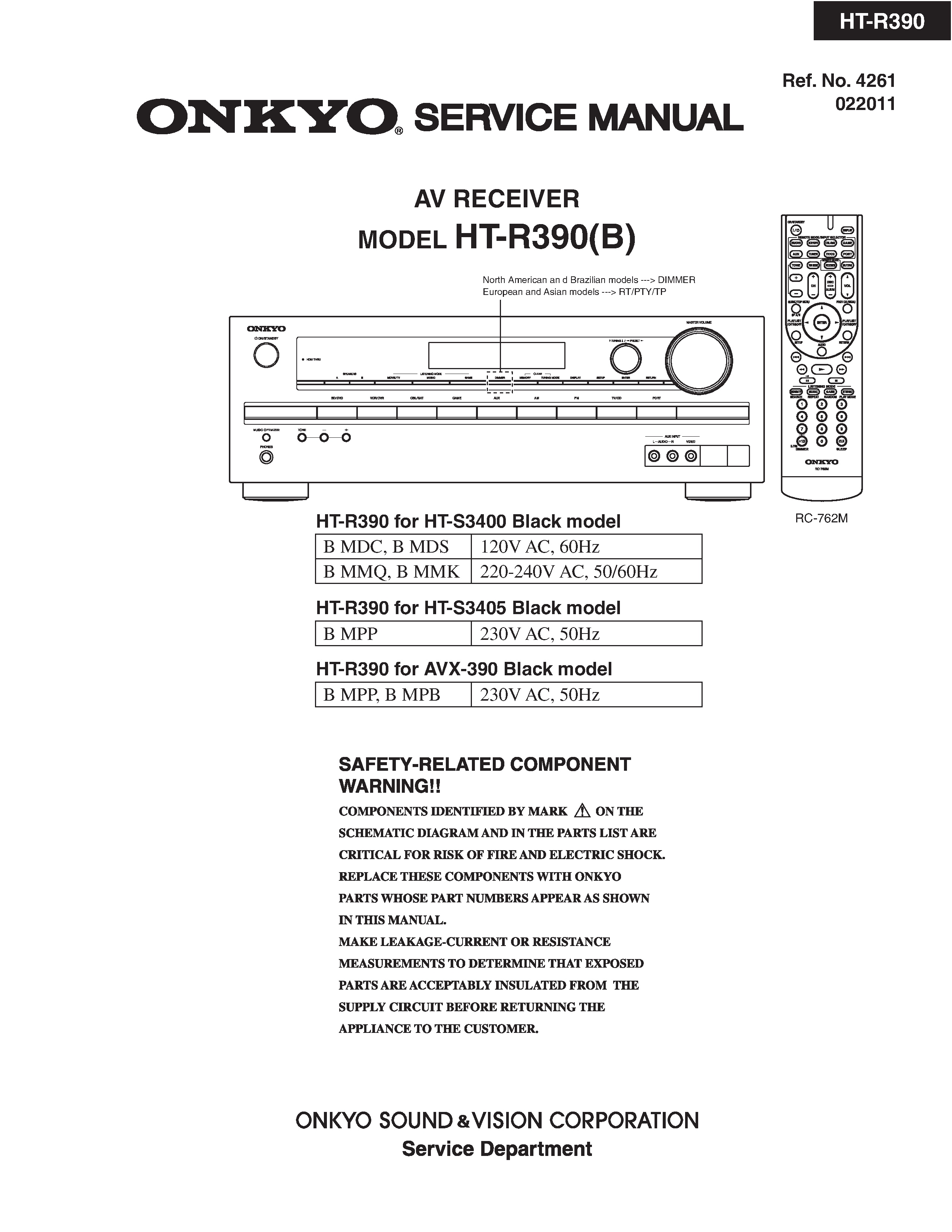 Onkyo ht r390 service manual cover with an image of the device and its remote control, model type and code, manual issue date and service safety precaution notice