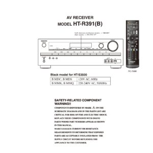 Onkyo ht r391 service manual cover with an image of the device and its remote control, model type and code, manual issue date and service safety precaution notice