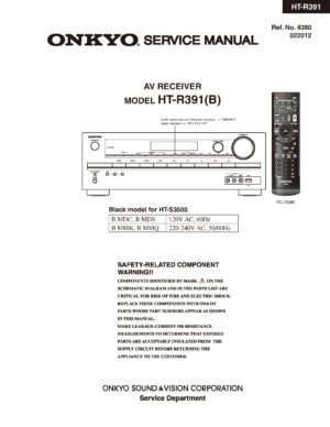 Onkyo ht r391 service manual cover with an image of the device and its remote control, model type and code, manual issue date and service safety precaution notice