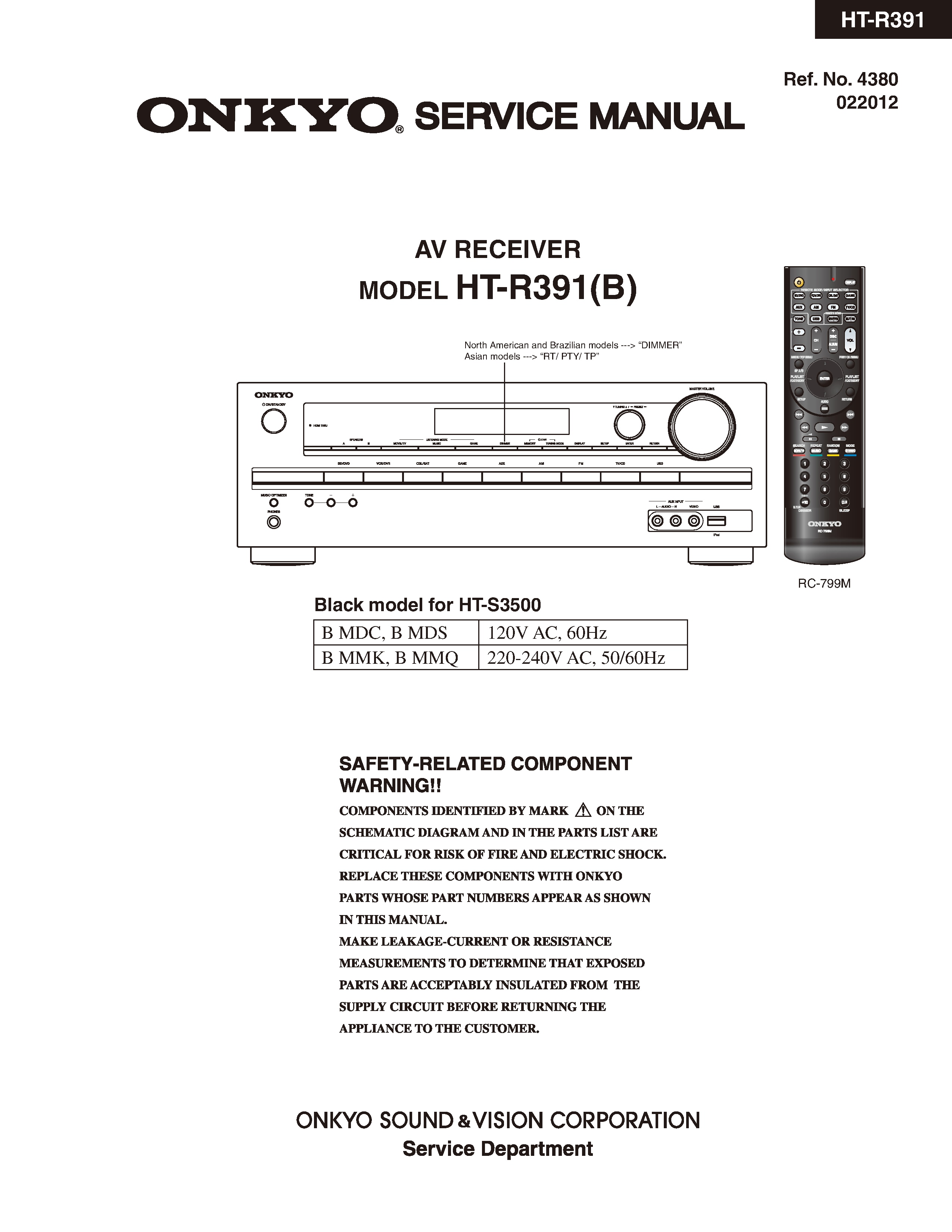 Onkyo ht r391 service manual cover with an image of the device and its remote control, model type and code, manual issue date and service safety precaution notice