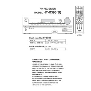 Onkyo ht r393 service manual cover with an image of the device and its remote control, model type and code, manual issue date and service safety precaution notice