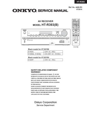 Onkyo ht r393 service manual cover with an image of the device and its remote control, model type and code, manual issue date and service safety precaution notice