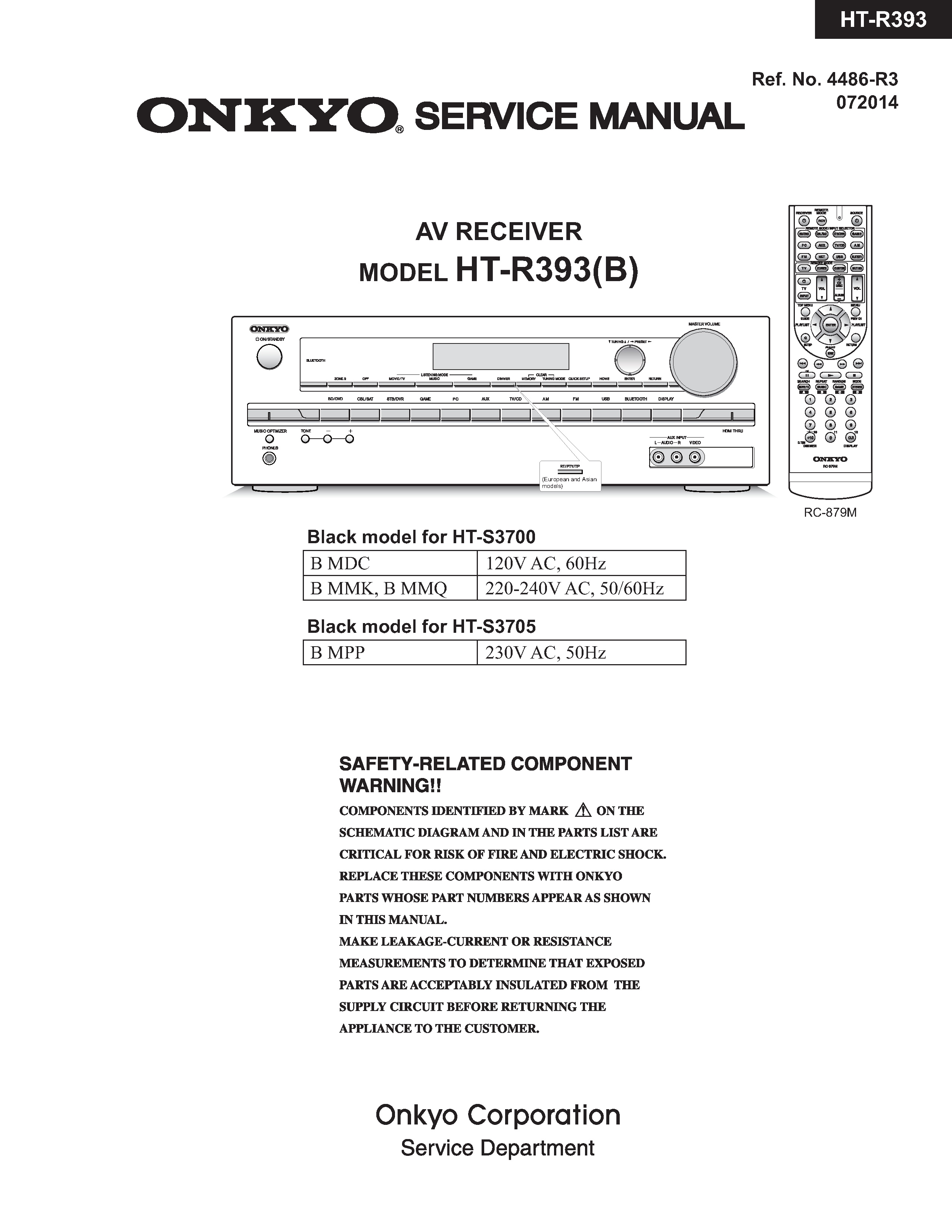 Onkyo ht r393 service manual cover with an image of the device and its remote control, model type and code, manual issue date and service safety precaution notice