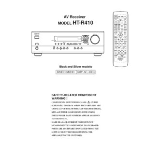 Onkyo ht r410 service manual cover with an image of the device and its remote control, model type and code, manual issue date and service safety precaution notice