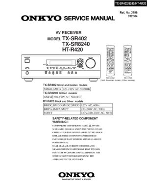 Onkyo ht r420 service manual cover with an image of the device and its remote control, model type and code, manual issue date and service safety precaution notice