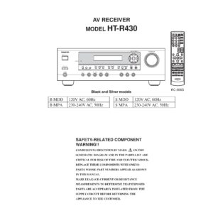 Onkyo ht r430 service manual cover with an image of the device and its remote control, model type and code, manual issue date and service safety precaution notice