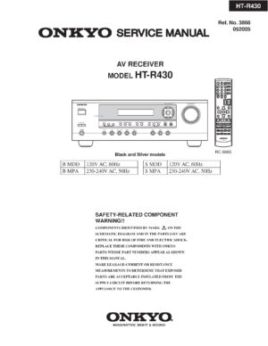 Onkyo ht r430 service manual cover with an image of the device and its remote control, model type and code, manual issue date and service safety precaution notice