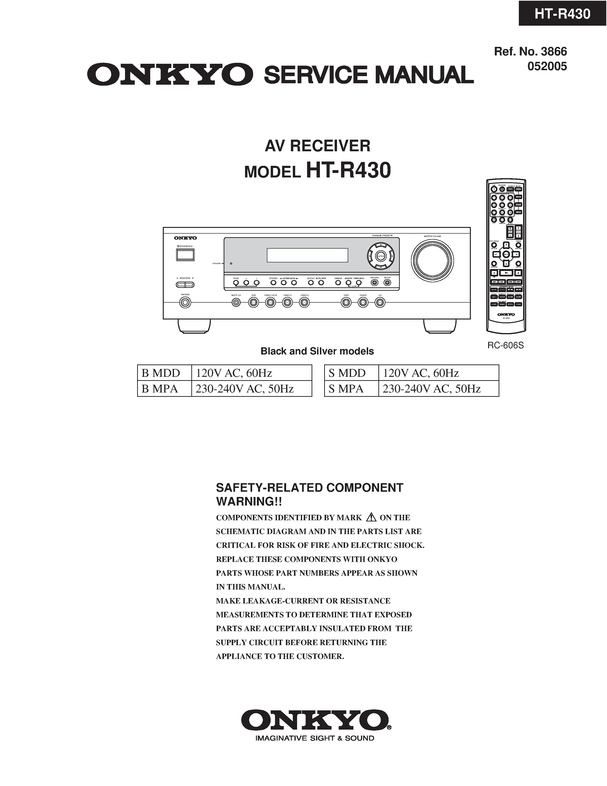 Onkyo ht r430 service manual cover with an image of the device and its remote control, model type and code, manual issue date and service safety precaution notice