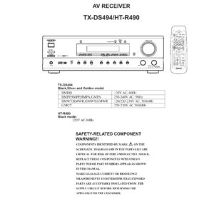 Onkyo ht r490 service manual cover with an image of the device and its remote control, model type and code, manual issue date and service safety precaution notice