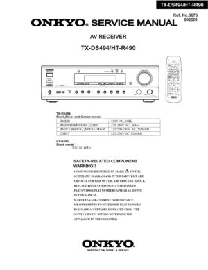 Onkyo ht r490 service manual cover with an image of the device and its remote control, model type and code, manual issue date and service safety precaution notice