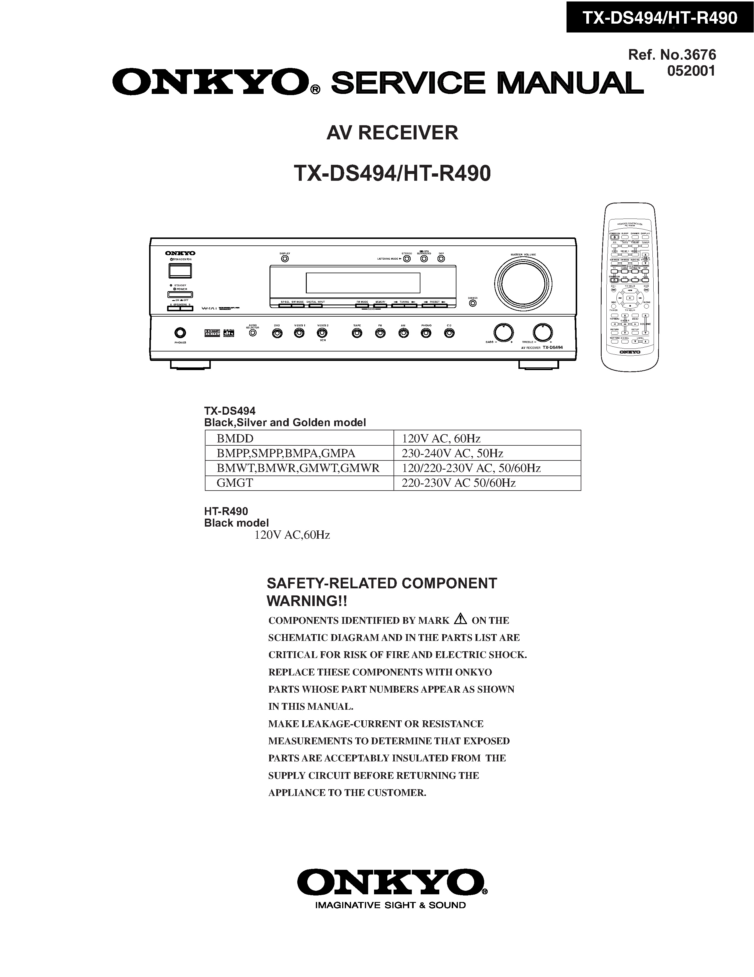 Onkyo ht r490 service manual cover with an image of the device and its remote control, model type and code, manual issue date and service safety precaution notice