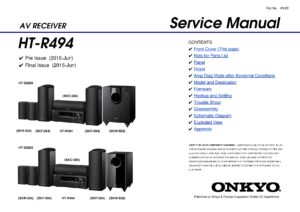 Onkyo ht r494 service manual cover with an image of the device and its remote control, model type and code, manual issue date and service safety precaution notice