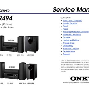 Onkyo ht r494 service manual cover with an image of the device and its remote control, model type and code, manual issue date and service safety precaution notice