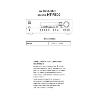 Onkyo ht r500 service manual cover with an image of the device and its remote control, model type and code, manual issue date and service safety precaution notice