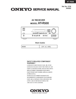 Onkyo ht r500 service manual cover with an image of the device and its remote control, model type and code, manual issue date and service safety precaution notice