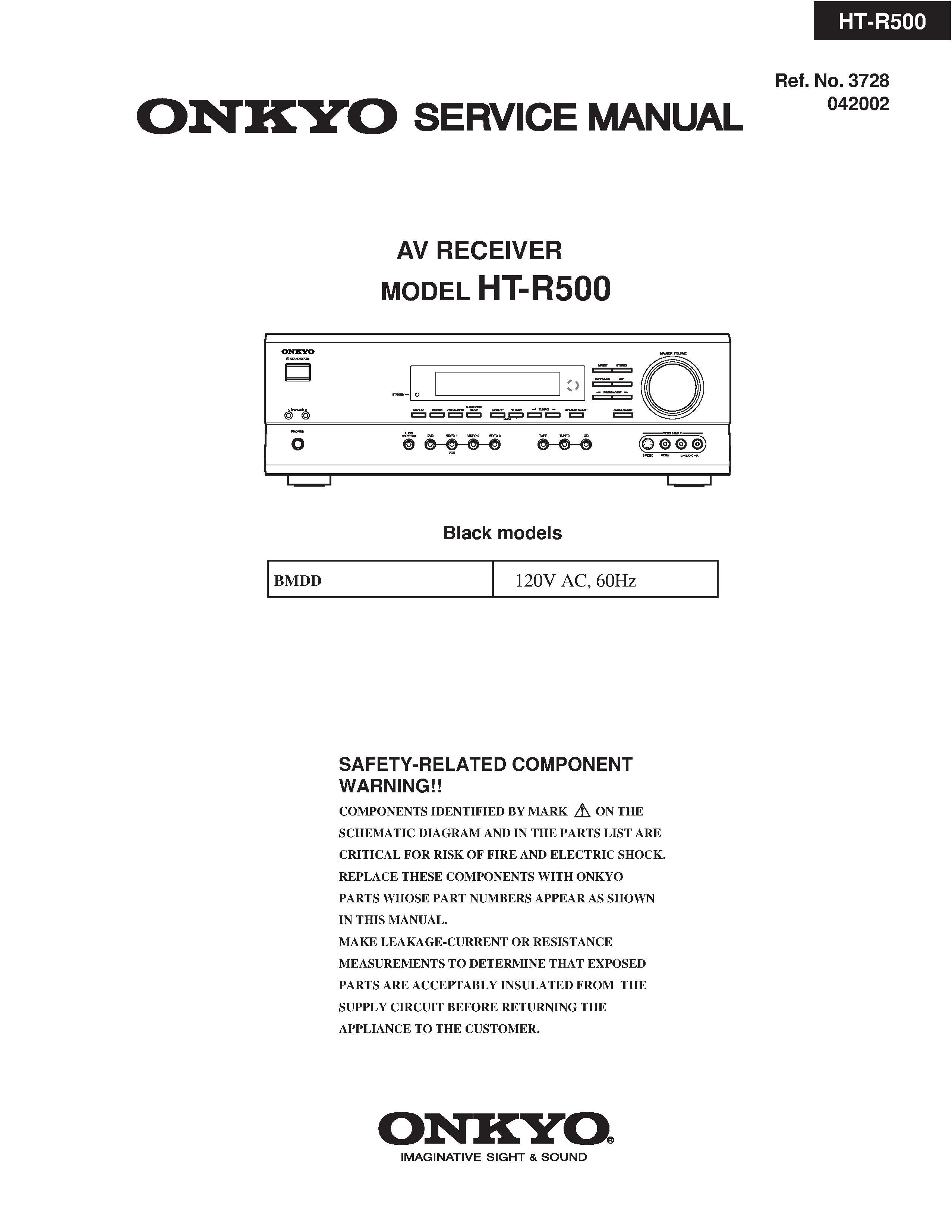 Onkyo ht r500 service manual cover with an image of the device and its remote control, model type and code, manual issue date and service safety precaution notice