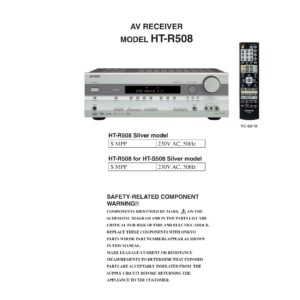 Onkyo ht r508 service manual cover with an image of the device and its remote control, model type and code, manual issue date and service safety precaution notice