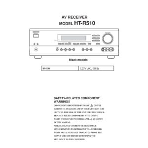 Onkyo ht r510 service manual cover with an image of the device and its remote control, model type and code, manual issue date and service safety precaution notice