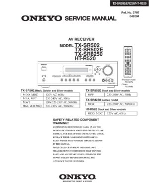 Onkyo ht r520 service manual cover with an image of the device and its remote control, model type and code, manual issue date and service safety precaution notice