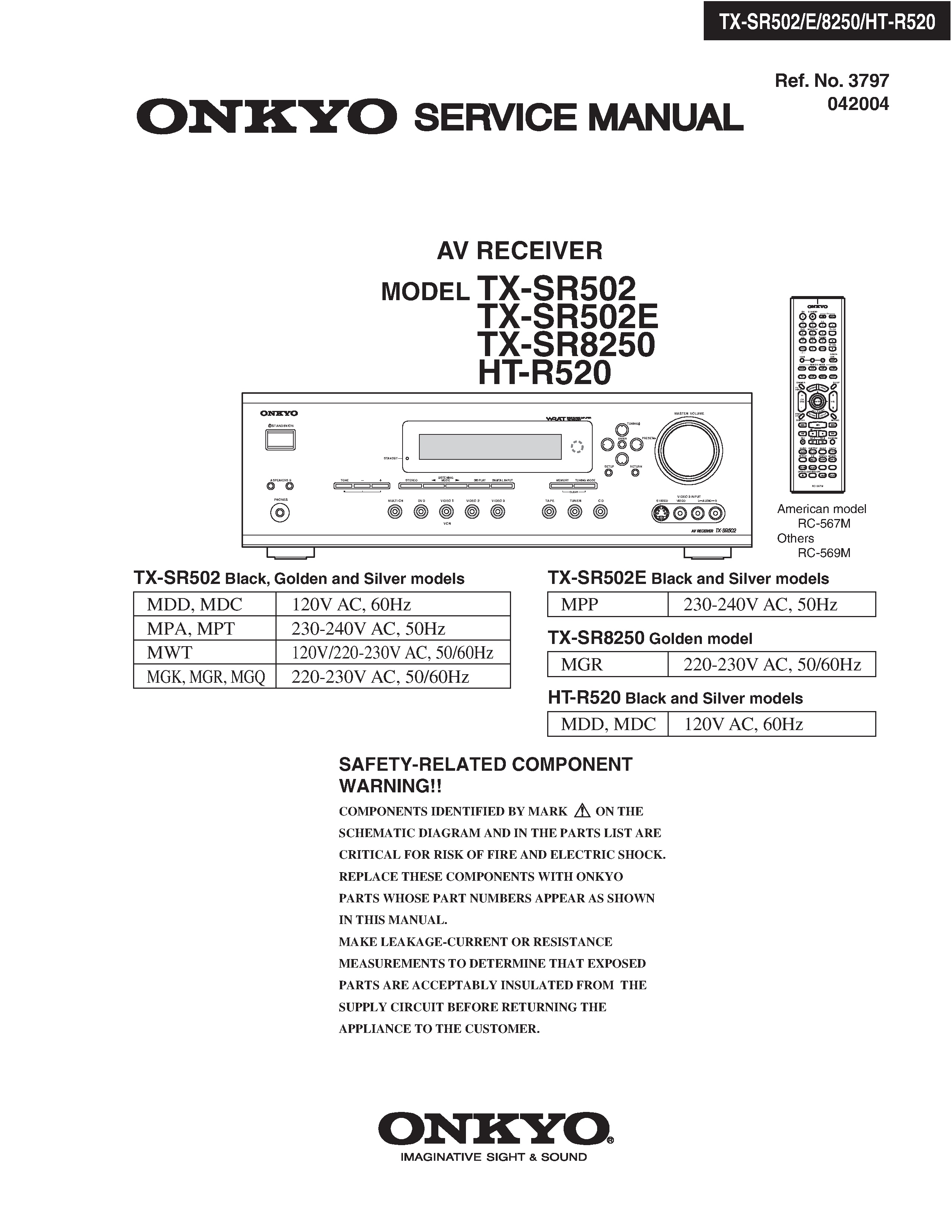 Onkyo ht r520 service manual cover with an image of the device and its remote control, model type and code, manual issue date and service safety precaution notice