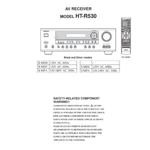 Onkyo ht r530 service manual cover with an image of the device and its remote control, model type and code, manual issue date and service safety precaution notice