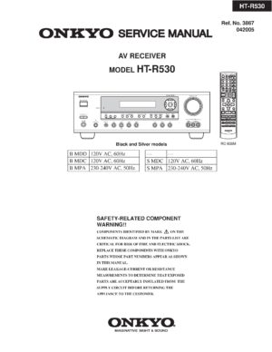 Onkyo ht r530 service manual cover with an image of the device and its remote control, model type and code, manual issue date and service safety precaution notice