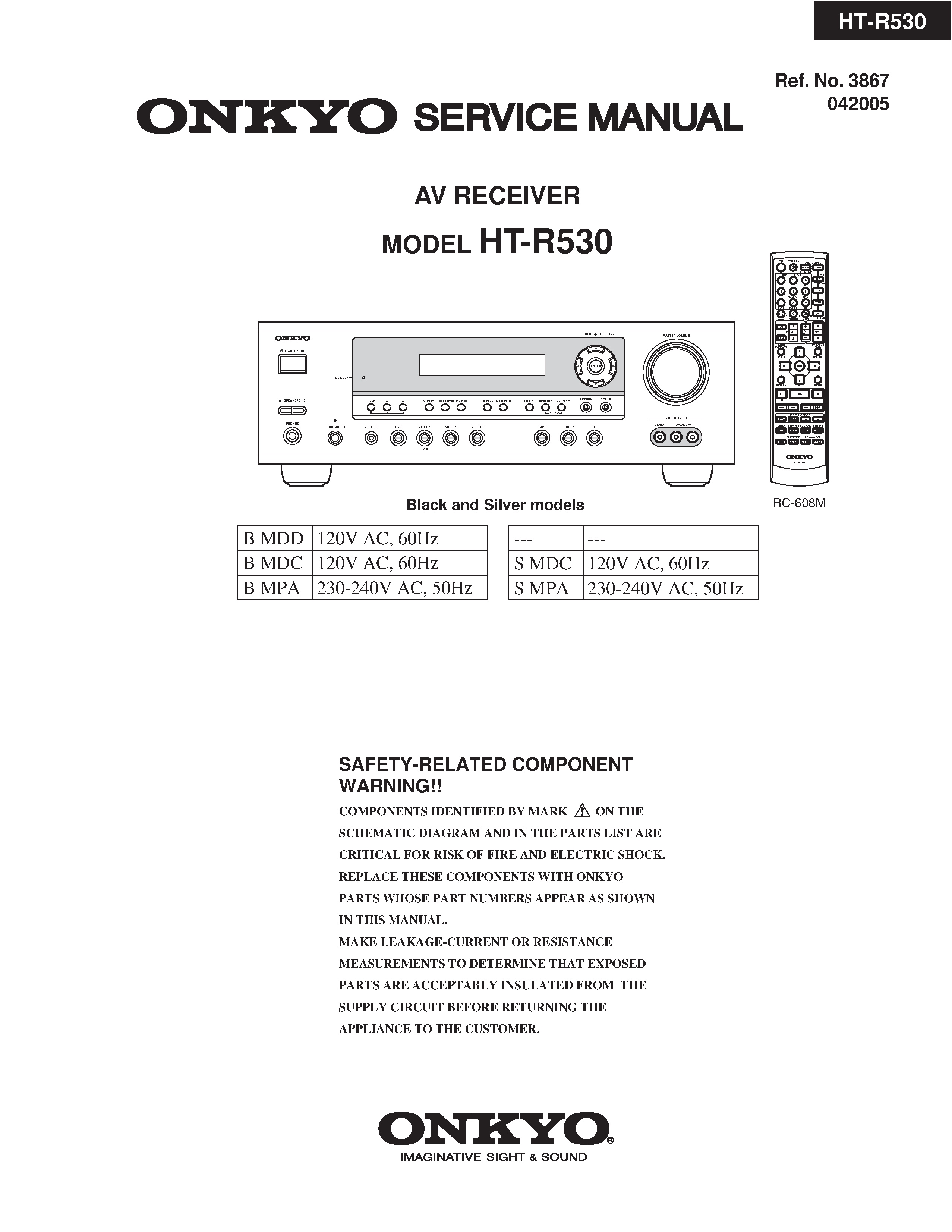 Onkyo ht r530 service manual cover with an image of the device and its remote control, model type and code, manual issue date and service safety precaution notice