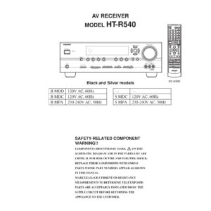 Onkyo ht r540 service manual cover with an image of the device and its remote control, model type and code, manual issue date and service safety precaution notice