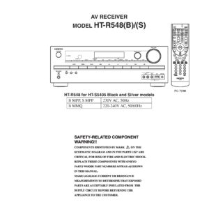 Onkyo ht r548 service manual cover with an image of the device and its remote control, model type and code, manual issue date and service safety precaution notice