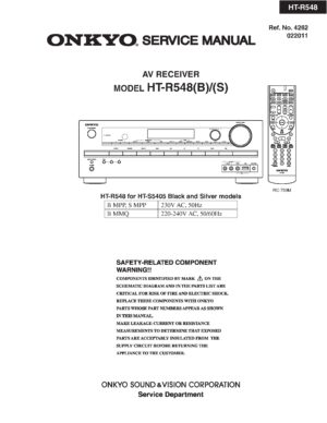 Onkyo ht r548 service manual cover with an image of the device and its remote control, model type and code, manual issue date and service safety precaution notice