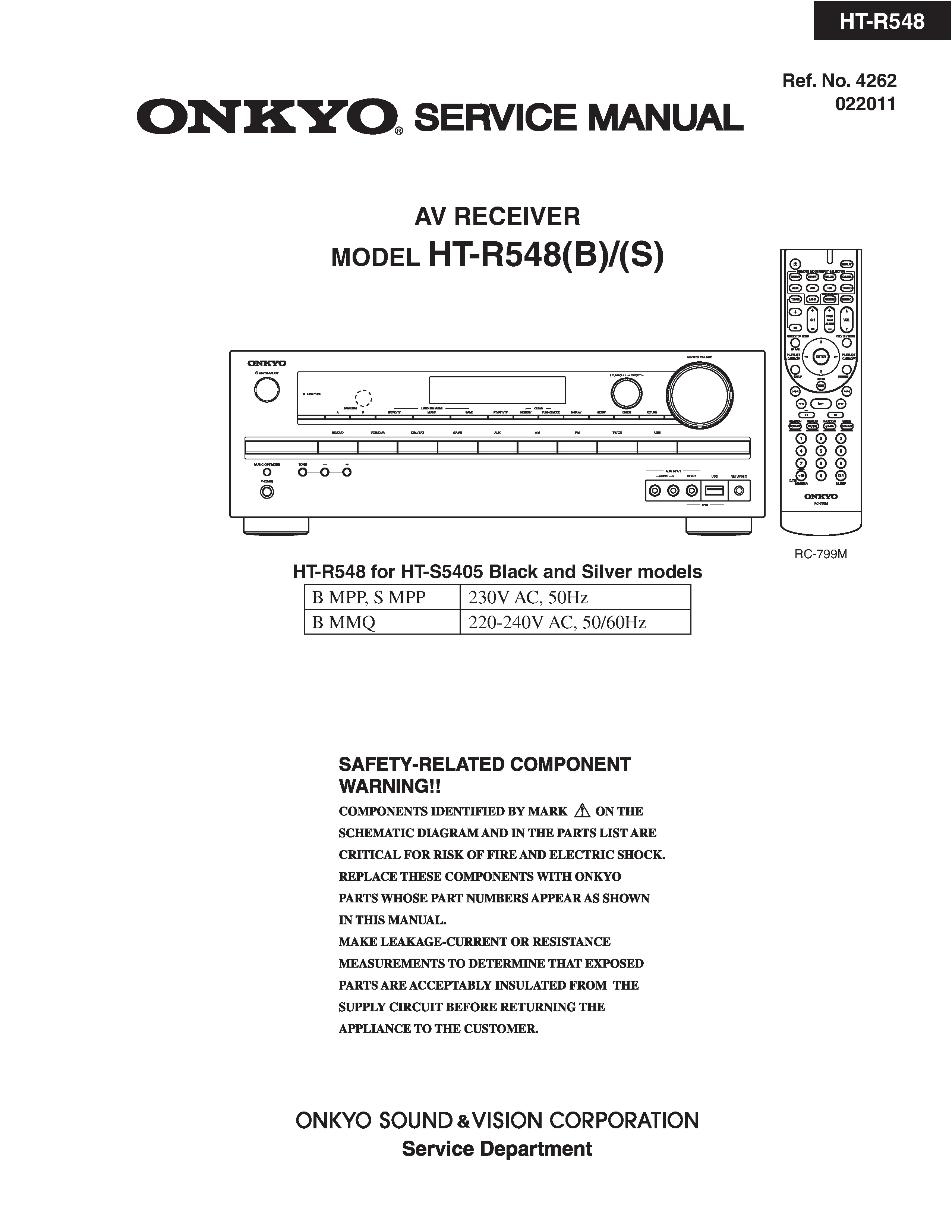 Onkyo ht r548 service manual cover with an image of the device and its remote control, model type and code, manual issue date and service safety precaution notice