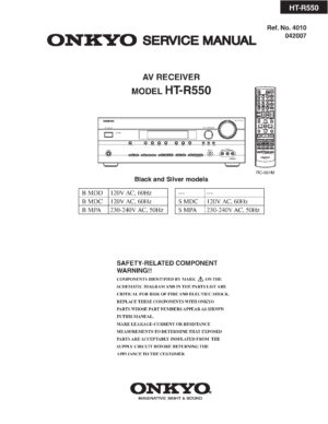 Onkyo ht r550 service manual cover with an image of the device and its remote control, model type and code, manual issue date and service safety precaution notice
