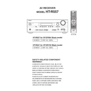 Onkyo ht r557 service manual cover with an image of the device and its remote control, model type and code, manual issue date and service safety precaution notice