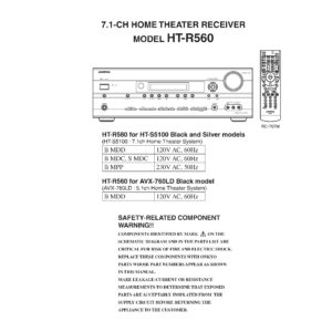 Onkyo ht r560 service manual cover with an image of the device and its remote control, model type and code, manual issue date and service safety precaution notice