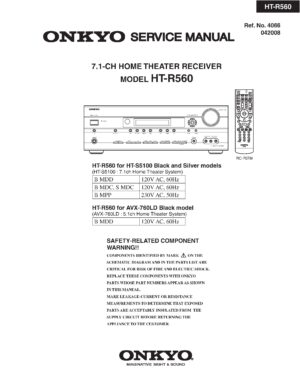 Onkyo ht r560 service manual cover with an image of the device and its remote control, model type and code, manual issue date and service safety precaution notice