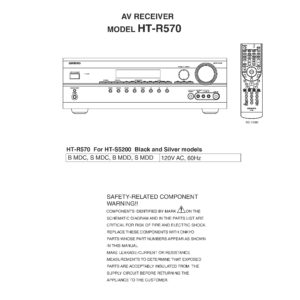 Onkyo ht r570s service manual cover with an image of the device and its remote control, model type and code, manual issue date and service safety precaution notice