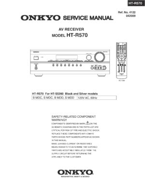 Onkyo ht r570s service manual cover with an image of the device and its remote control, model type and code, manual issue date and service safety precaution notice