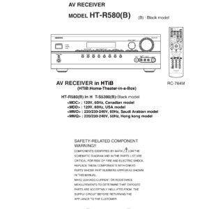 Onkyo ht r580 service manual cover with an image of the device and its remote control, model type and code, manual issue date and service safety precaution notice