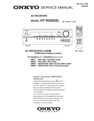 Onkyo ht r580 service manual cover with an image of the device and its remote control, model type and code, manual issue date and service safety precaution notice