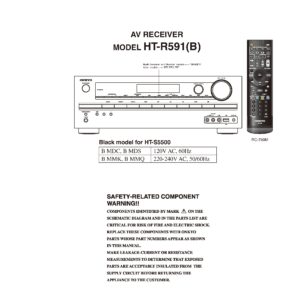 Onkyo ht r591 service manual cover with an image of the device and its remote control, model type and code, manual issue date and service safety precaution notice