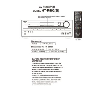 Onkyo ht r592 service manual cover with an image of the device and its remote control, model type and code, manual issue date and service safety precaution notice