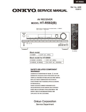 Onkyo ht r592 service manual cover with an image of the device and its remote control, model type and code, manual issue date and service safety precaution notice