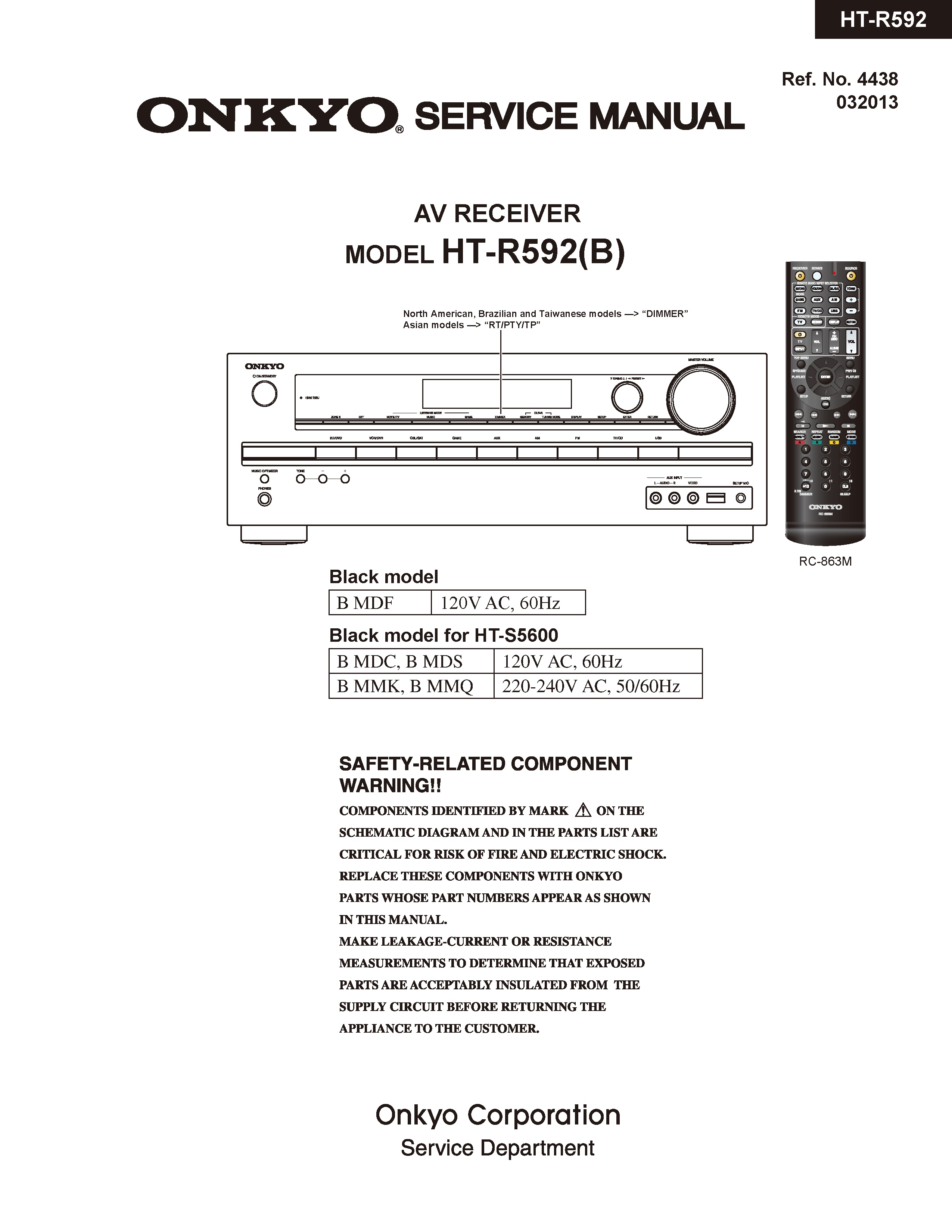 Onkyo ht r592 service manual cover with an image of the device and its remote control, model type and code, manual issue date and service safety precaution notice