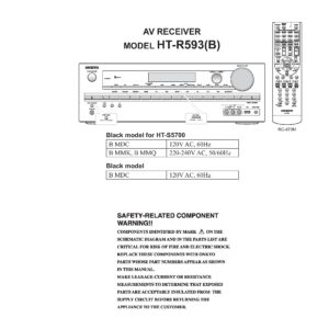 Onkyo ht r593 service manual cover with an image of the device and its remote control, model type and code, manual issue date and service safety precaution notice