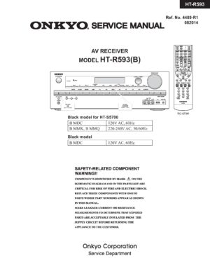 Onkyo ht r593 service manual cover with an image of the device and its remote control, model type and code, manual issue date and service safety precaution notice
