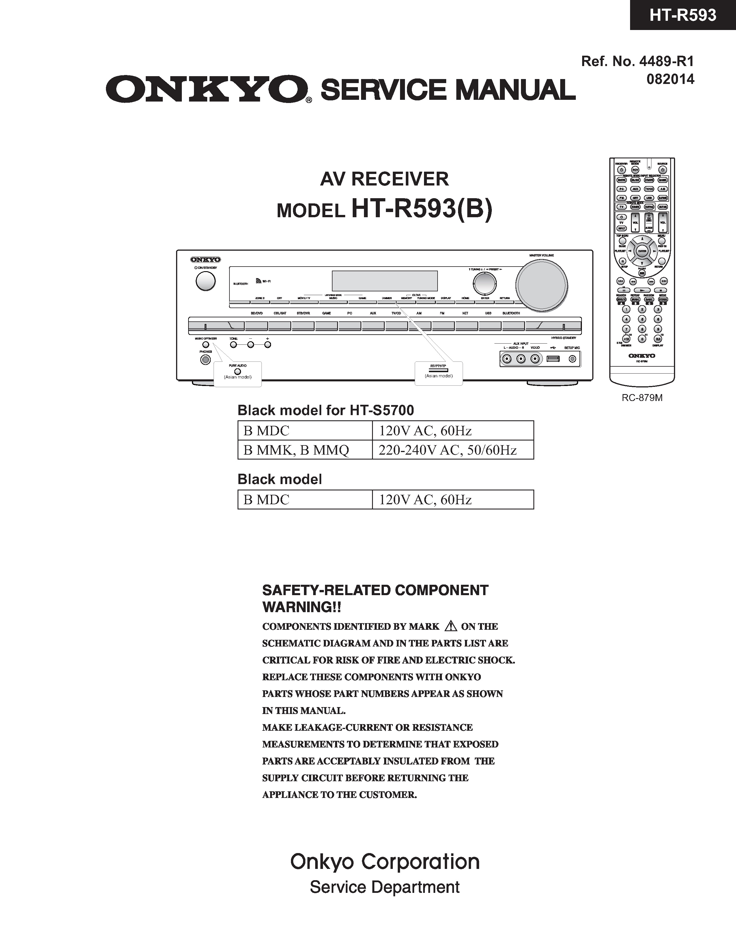 Onkyo ht r593 service manual cover with an image of the device and its remote control, model type and code, manual issue date and service safety precaution notice