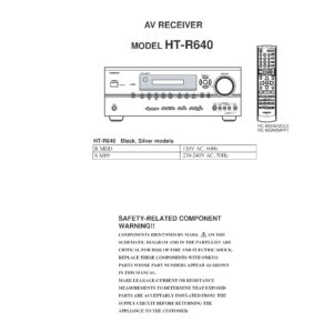 Onkyo ht r640 service manual cover with an image of the device and its remote control, model type and code, manual issue date and service safety precaution notice