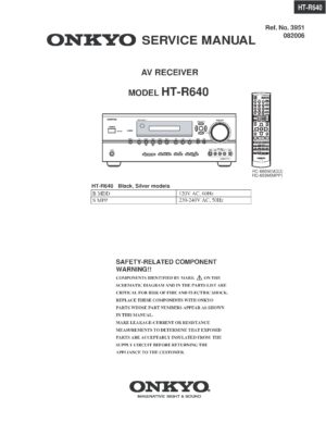 Onkyo ht r640 service manual cover with an image of the device and its remote control, model type and code, manual issue date and service safety precaution notice
